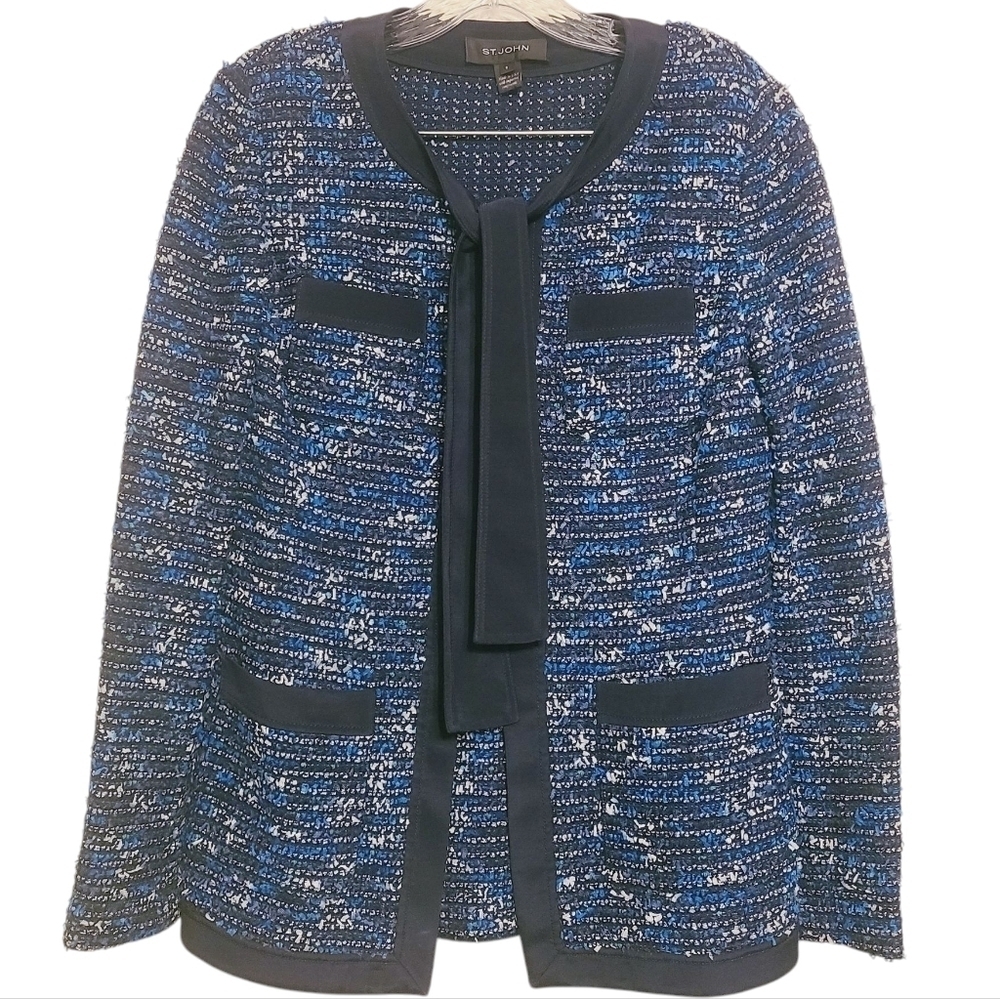 St. John | Navy Blue & White Patterned Wool Blend Two Piece Skirt Suit (Size 8)